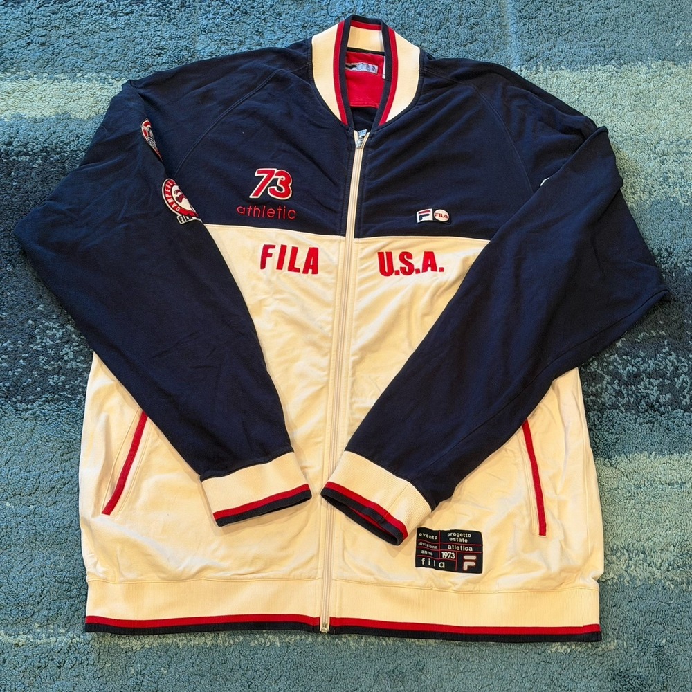 VTG Fila USA Atletica Italia Barcelona Sports Patch Embroidered Full Zip Mens XL